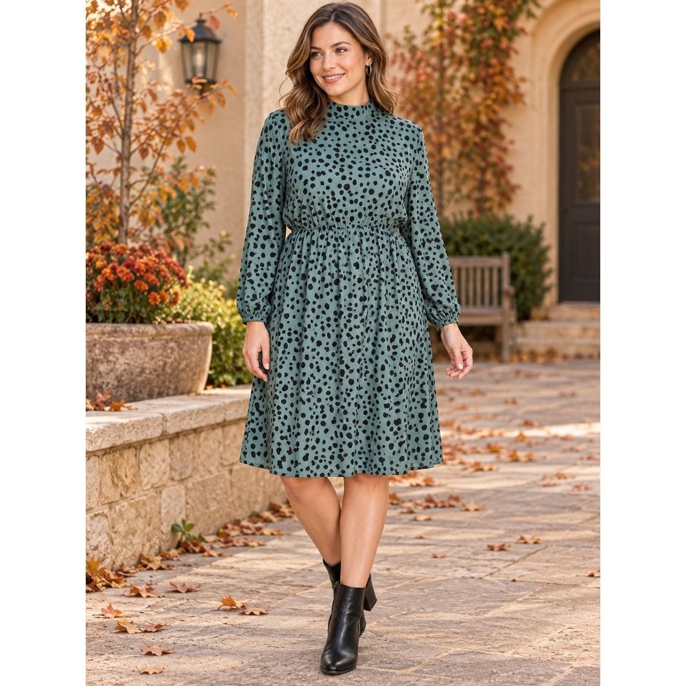 44. SHEIN Green Dalmatian Polka Dot Mock Neck Long Sleeve Mini Dress XL
